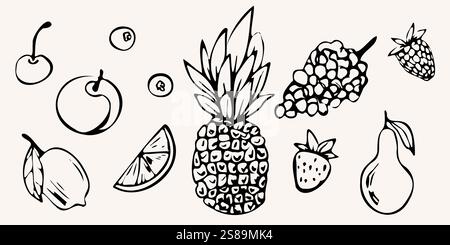 Set vettoriale disegnato a mano con frutta. ananas, limone, pera, ciliegia e uva in stile artistico stravagante. Illustrazione monocromatica per menu, design Illustrazione Vettoriale