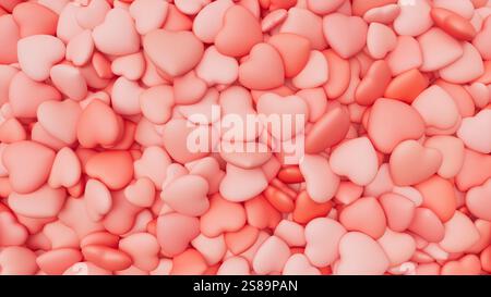 Sfondo rosso chiaro per San Valentino. Un mucchio di cuori. Sfondo romantico. illustrazione di rendering 3d. Foto Stock
