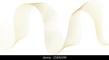 Onda linea dorata, curve ondulate astratte, lussuosi nastri flow art, decorazioni eleganti isolate sul bianco. Illustrazione Vettoriale