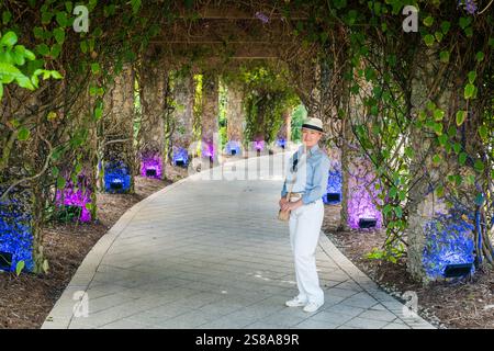 а bella donna nel vicolo coperto in un giardino in Florida Foto Stock