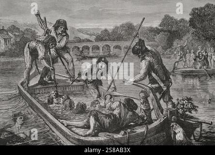 Rivoluzione francese. Esecuzioni di massa per annegamento durante il regime del terrore a Nantes, in Francia. Si è giocato dal novembre 1793 al febbraio 1794. Chiunque sia stato arrestato e imprigionato per non aver sostenuto la Rivoluzione, o sospettato di essere un simpatizzante realista, in particolare sacerdoti e suore cattolici, fu gettato nel fiume Loira e annegato per ordine di Jean-Baptiste Carrier, il rappresentante in missione a Nantes. Disegno di H. de la Charlerie. Incisione. Storia. Autore: Hippolyte de la Charlerie (1827-1869). Artista belga. Foto Stock