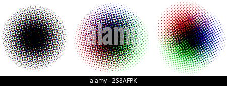 Impostazione sfondo rotondo mezzitoni. Forme a mezzitoni tratteggiate a colori RGB. La pressa per inchiostro grunge macchie e blot. Raccolta sfumatura circolare con trama in pixel RGB. Glitch raster di produzione della stampa. Vettore Illustrazione Vettoriale