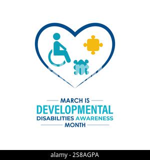 Il mese della consapevolezza delle disabilità dello sviluppo viene osservato ogni anno a marzo. aumentare la consapevolezza delle esigenze e del potenziale degli individui Illustrazione Vettoriale