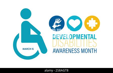 Il mese della consapevolezza delle disabilità dello sviluppo viene osservato ogni anno a marzo. aumentare la consapevolezza delle esigenze e del potenziale degli individui. Illustrazione Vettoriale