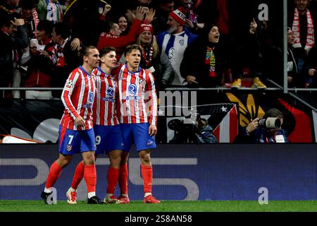 Madrid; Spagna; 21/01/2025.- Julian Alvarez Atlético de Madrid batte Leverkusen 2-1 il giorno 7 di 8 della Champions League l'Atlético de Madrid ha segnato Julian Alvarez e Piero Hincapie per Leverkusen. Foto: Juan Carlos Rojas Foto Stock