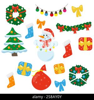 Un set di decorazioni natalizie luminose con corone, regali e pupazzo di neve. Illustrazione Vettoriale