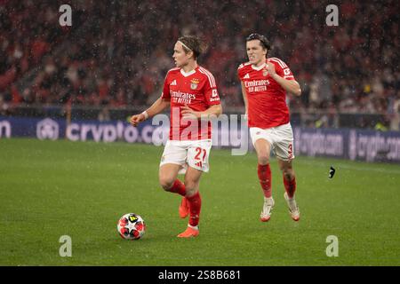 Lisboa, Portogallo. 21 gennaio 2025. Andreas Schjelderup (L) e Alvaro Carreras (R) del Benfica visti in azione durante la UEFA Champions League, tra il Benfica e il Barcellona. Punteggio finale; Benfica 4:5 Barcellona. Credito: SOPA Images Limited/Alamy Live News Foto Stock