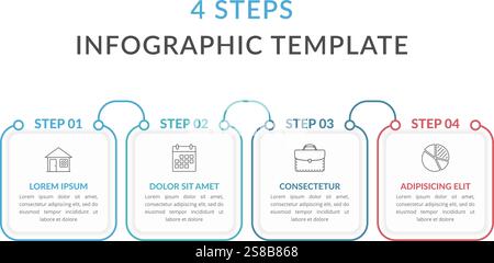Modello infografico con quattro quadrati con icone di testo e linee, diagramma di processo, flusso di lavoro, quattro passaggi o opzioni, illustrazione vettoriale eps10 Illustrazione Vettoriale