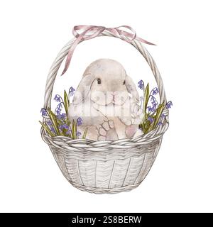 Un'illustrazione acquerello di un simpatico coniglietto seduto in un cestino adornato con fiori viola e legato con un nastro rosa, creando un'affascinante e festosa decorazione primaverile Foto Stock