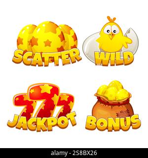 Simboli slot: Jackpot, Wild, Bonus e Scatter per la slot machine di Pasqua. Set di icone vettoriali di Pasqua dorate per la risorsa di gioco Illustrazione Vettoriale