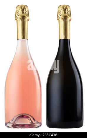 Due bottiglie di champagne, una rosa e un mockup nero senza etichetta, isolate su sfondo bianco, che mettono in risalto lusso ed eleganza Foto Stock
