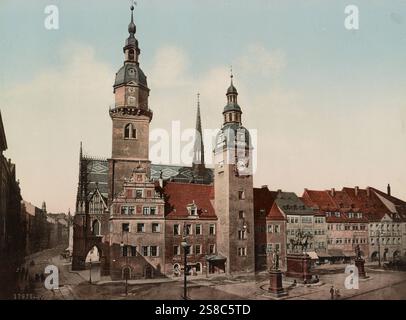 das Rathaus und die drei Denkmäler Graf otto von Bismarck, Kaiser Wilhelm I. und Generalfeldmarschall von Moltke, Chemnitz, um 1900, Sachsen, Deutschl Foto Stock