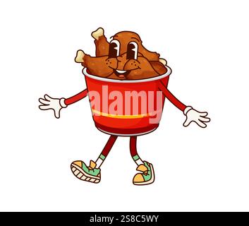 Carattere del secchio delle gambe di pollo del fast food. Street Restaurant Meat Meal 70, personaggio dei cartoni animati anni '60, cesto di bacchette, divertente personaggio vettoriale isolato. Cosce di pollo del fast food una simpatica mascotte scanalata Illustrazione Vettoriale