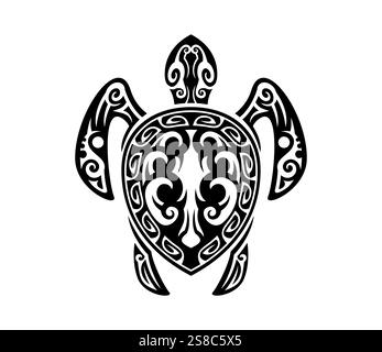 Tatuaggio di animali rettili Maori tribali, arte polinesiana vettoriale. Silhouette isolata con tartaruga marina e motivo geometrico astratto in bianco e nero. Tradizionale tatuaggio di animali tribali maori, hawaiani o samoani Illustrazione Vettoriale