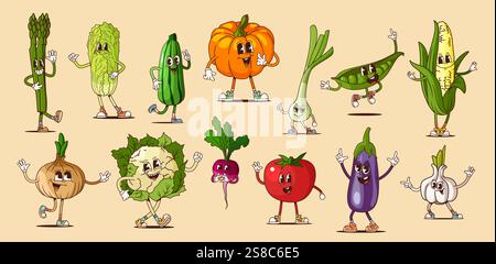 Simpatici personaggi di verdure con espressioni felici. Cartoon Vector verdure fresche e mature asparagi, cetrioli, cipolla, zucca e pomodoro, melanzane, ravanello, zucca e aglio con cialda di piselli verdi Illustrazione Vettoriale