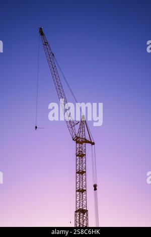 Silhouette di una gru da costruzione sullo sfondo di un bellissimo cielo nei colori rosa e blu. Ora blu. minimalismo Foto Stock
