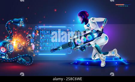 La donna è un fantastico soldato spaziale in tuta spaziale. Donna spaziale marina in armatura con blaster uccide mostro robot. Un cattivo robot esplode. fantascienza illust Illustrazione Vettoriale
