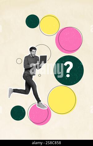 Modello di collage fotografico 3D tendenza composito di professione imprenditore vacante business giovane uomo Walk hold domanda portatile ricerca pensare Foto Stock