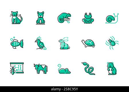Animali domestici e selvatici - set di icone di stile design di linea Illustrazione Vettoriale
