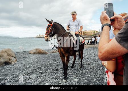 Playa de la Enramada, Costa Adeje, Tenerife, Isole Canarie - 20 gennaio 2025: Gruppo di persone sulla spiaggia di Black Pebble con cavalli e Oceano panoramico Foto Stock