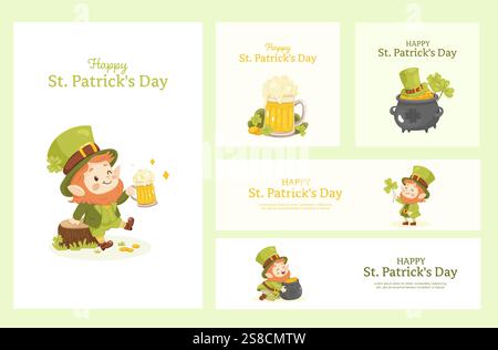 Giorno di St. patricks. Set di banner, poster cartoline, formati e dimensioni diversi. Illustrazione Vettoriale