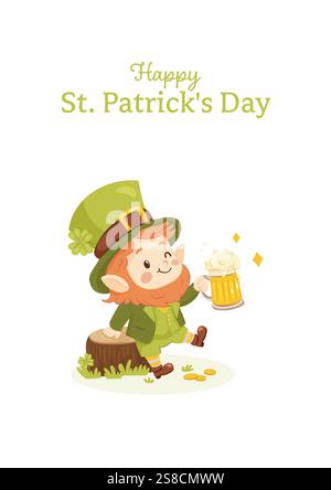 Giorno di St. patricks. Una cartolina di un carino leprechaun con una birra. Illustrazione Vettoriale