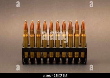 Fucile Ammo: 30-06 cartucce con proiettili morbidi in una custodia nera su sfondo scuro. Foto Stock