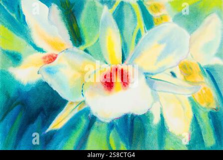 Acquerello astratto dipinto originale bianco, colore rosso del fiore di orchidea e foglie verdi su sfondo liscio. Foto Stock