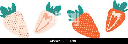 Fragola bianca e rossa intera e mezza. Bacca sana in estate. Elementi tematici o schede menu. Schede illustrative vettoriali isolate, icone, adesivi, opuscoli, etichette, tag prezzo o banner promozionale web Illustrazione Vettoriale