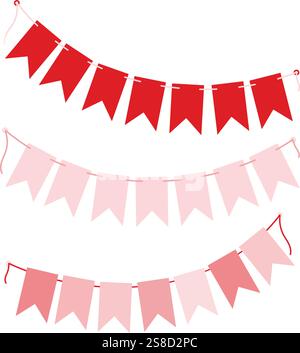 Ghirlande di pennant sulla corda. Elementi di design decorativi rosa e rosso tenui per feste. Set 3. Illustrazione vettoriale isolata biglietti di auguri tematici o schede di menu, pubblicazione, banner promozionali blog o Web, etichetta Illustrazione Vettoriale