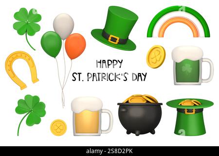 Set di elementi per la giornata di san patrizio in stile realistico 3D. Simboli di buona fortuna: Trifoglio, monete d'oro, vaso di denaro, quadrifoglio, palloncini. Il vettore Illustrazione Vettoriale