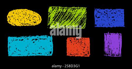 Set di forme geometriche astratte di base disegnate con carbone colorato. Collezione di cornici per preventivi di vernice disegnate a mano. Set di bolla vocale colorata vuota Illustrazione Vettoriale
