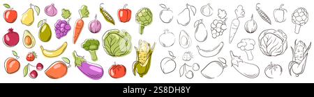 Frutta e verdura in linea con l'arte e lo stile piatto. Mango, mais, ciliegia, fragola, melanzane, avocado, icona della carota per il libro da colorare. Vettore Illustrazione Vettoriale