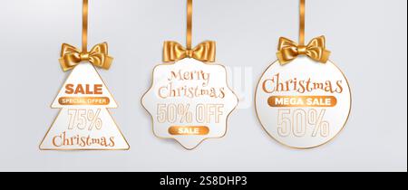 Collezione di cartellini natalizi in stile albero, cornice con bordi ondulati e forme bauble con fiocchi e nastri dorati. Etichette promozionali bianche e dorate con S Illustrazione Vettoriale