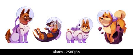 Set di personaggi dei cani spaziali - astronauti canini dei cartoni animati che indossano tute cosmiche e caschi trasparenti, fluttuano a gravità zero. Cosmonauta per bambini Illustrazione Vettoriale