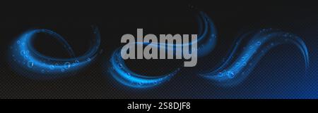 Magici effetti di turbolenza della bolla - ruscelli blu neon brillanti con sfere trasparenti, onde fluenti e percorsi ricci su sfondo scuro. Acqua astratta W Illustrazione Vettoriale