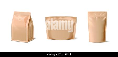 Set di confezioni beige kraft con sacchetto per caffè di carta - custodia con soffietto con sigillo, confezione a fondo piatto, sacchetto con chiusura a cerniera. Eco-compatibile con Illustrazione Vettoriale