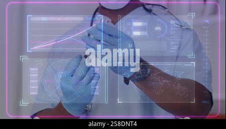 Immagine del trattamento dei dati e mappa mondiale sul medico birazziale maschile che prepara il vaccino Foto Stock