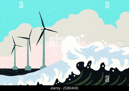 Le turbine eoliche si innalzano sopra le onde oceaniche, mostrando la tecnologia delle energie rinnovabili in un equilibrio armonioso con le forze della natura sotto un cielo luminoso. Foto Stock