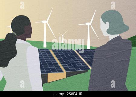 Due persone osservano una fattoria di energia rinnovabile con pannelli solari e turbine eoliche sotto un cielo calmo. L'ambientazione enfatizza il tecnol ecologico Foto Stock