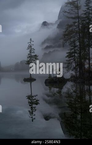 Una vista tranquilla e tranquilla del lago Hintersee nelle Alpi bavaresi, avvolta dalla nebbia, gli alberi solitari su piccole isole rocciose si riflettono nelle acque calme, ca Foto Stock