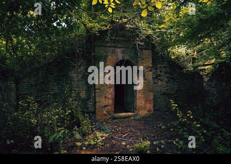 Un misterioso ingresso in pietra sovrastata vicino allo Chateau Caumont in Francia circondato da una fitta vegetazione, la porta rustica evoca un senso di storia e di ciao Foto Stock