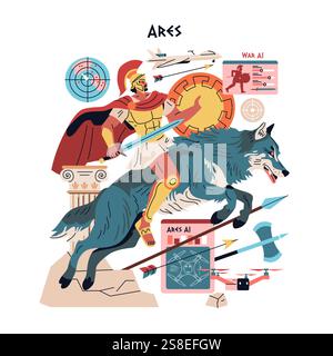 Olympic Gods Synergy intelligenza artificiale. Ares, la divinità della guerra, cavalca un feroce lupo, fondendo l'antico mito con la moderna tecnologia bellica. Illustrazione vettoriale. Illustrazione Vettoriale