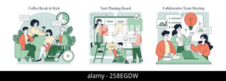 Comodo set di lavoro. Ambienti di lavoro moderni che favoriscono la produttività e la collaborazione tra i team. Interazioni coinvolgenti durante le pause caffè, pianificazione efficiente delle attività e riunioni dinamiche dei team migliorano le esperienze lavorative. Illustrazione vettoriale. Illustrazione Vettoriale