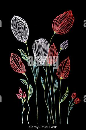 Fiori astratti, disegnando con penna multicolore e inchiostro su carta nera. La tecnica di taglio vicino ai bordi offre un effetto di messa a fuoco morbida grazie all'alt Foto Stock