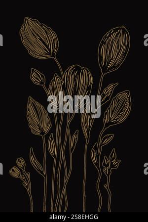 Fiori d'oro, disegnando con penna e inchiostro su carta nera. La tecnica di taglio vicino ai bordi offre un effetto di messa a fuoco morbido a causa della alterazione del rou della superficie Foto Stock