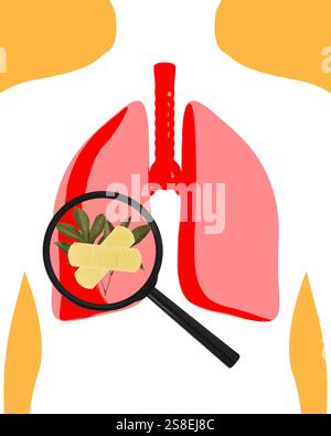 Illustrazione colorata astratta che raffigura i polmoni rosa sotto una lente di ingrandimento, rivelando elementi a base di erbe. Trattamenti naturali e medicina alternativa. Foto Stock