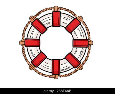 Lifebuoy disegnata a mano con dettagli in corda. Classico salvagente rosso e bianco. Ideale per la sicurezza marittima o per il marchio nautico. Illustrazione vettoriale Illustrazione Vettoriale