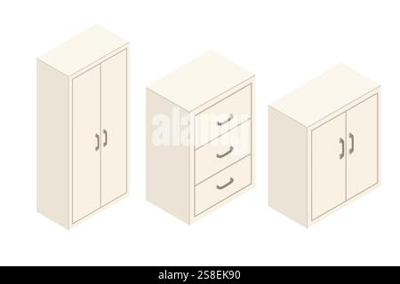 Armadi e cassetti isometrici in tonalità bianche. Set di mobili beige per ufficio o per la casa. Illustrazione vettoriale isolata su sfondo bianco. Illustrazione Vettoriale