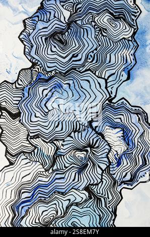 Lavoro di linea astratta, disegnando con bordi affilati con penna e inchiostro. La tecnica di ababbing vicino ai bordi fornisce un effetto di messa a fuoco morbido a causa della surfa alterata Foto Stock